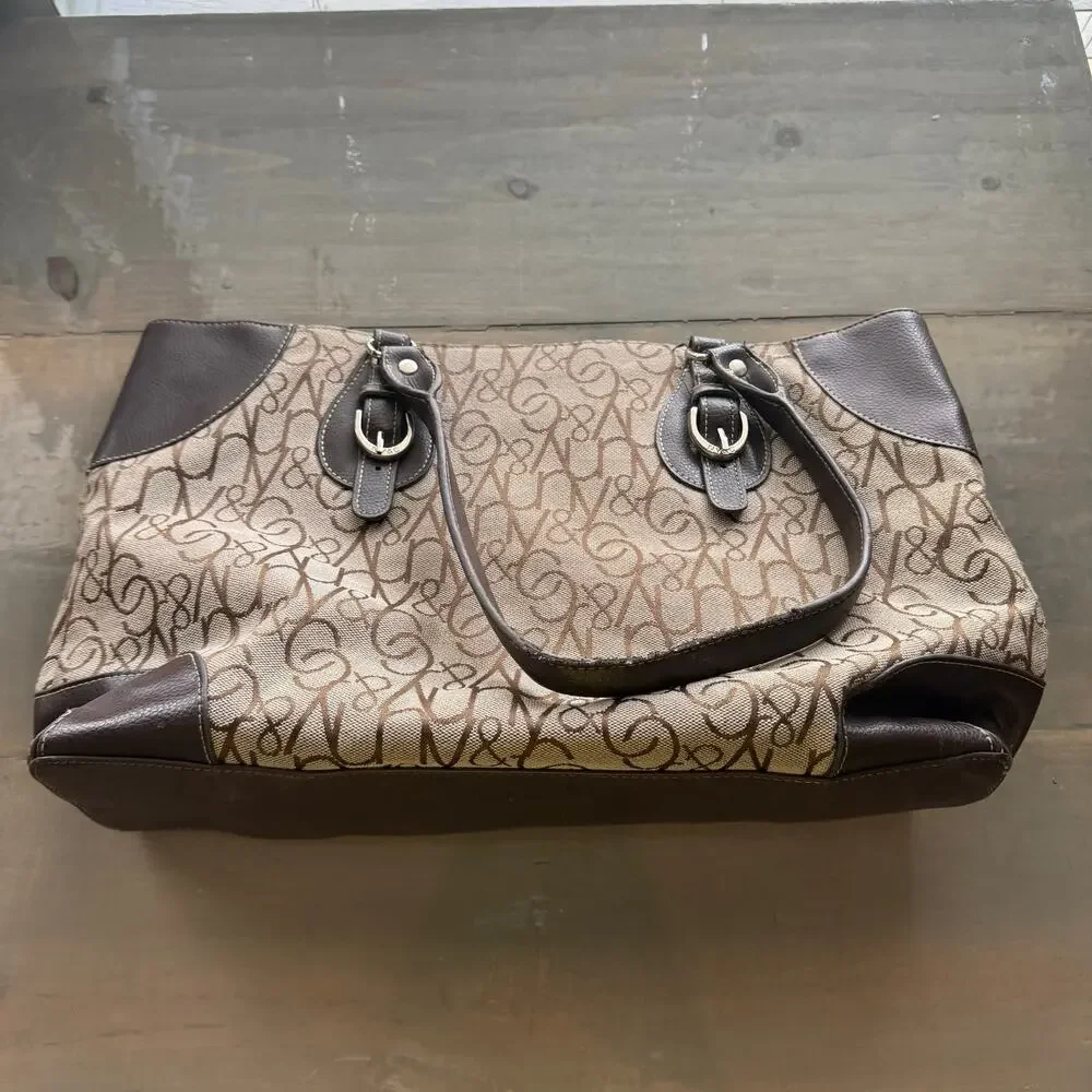 New York & Company Tan Brown Monogram Print Shoulder Tote Bag Purse